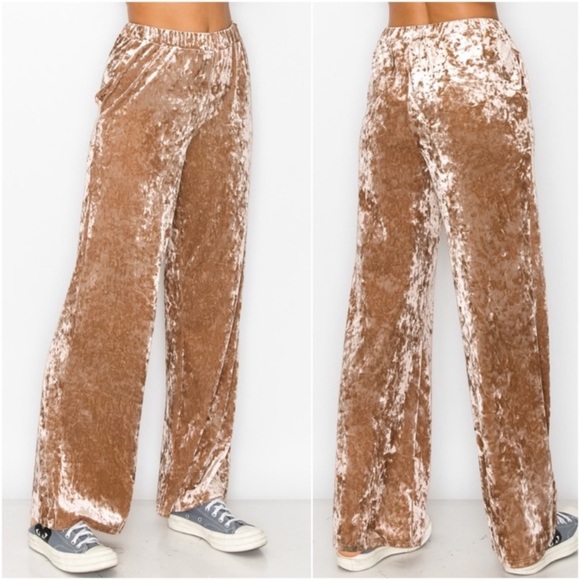 (49)🤎LAST1️⃣🤎Champagne Velvet Wide Leg Elastic Pocket Casual Pants - Picture 4 of 5